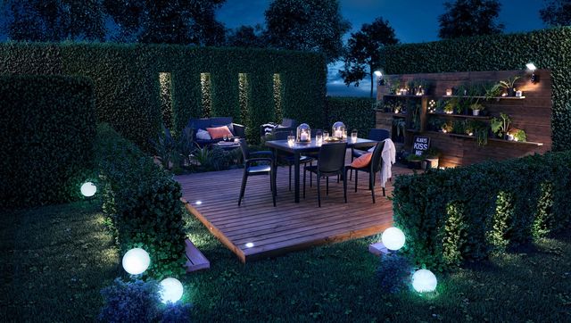 Around the terrace, avoid overloading with lighting.  It is not pleasant to dine in too bright a light.  Projector Inspire Caribbean 270 Lm black with solar sensor.  €49.90.  Solar ball Melao DIAM 20 CM Inspire.  €9.90.  Leroy Merlin.