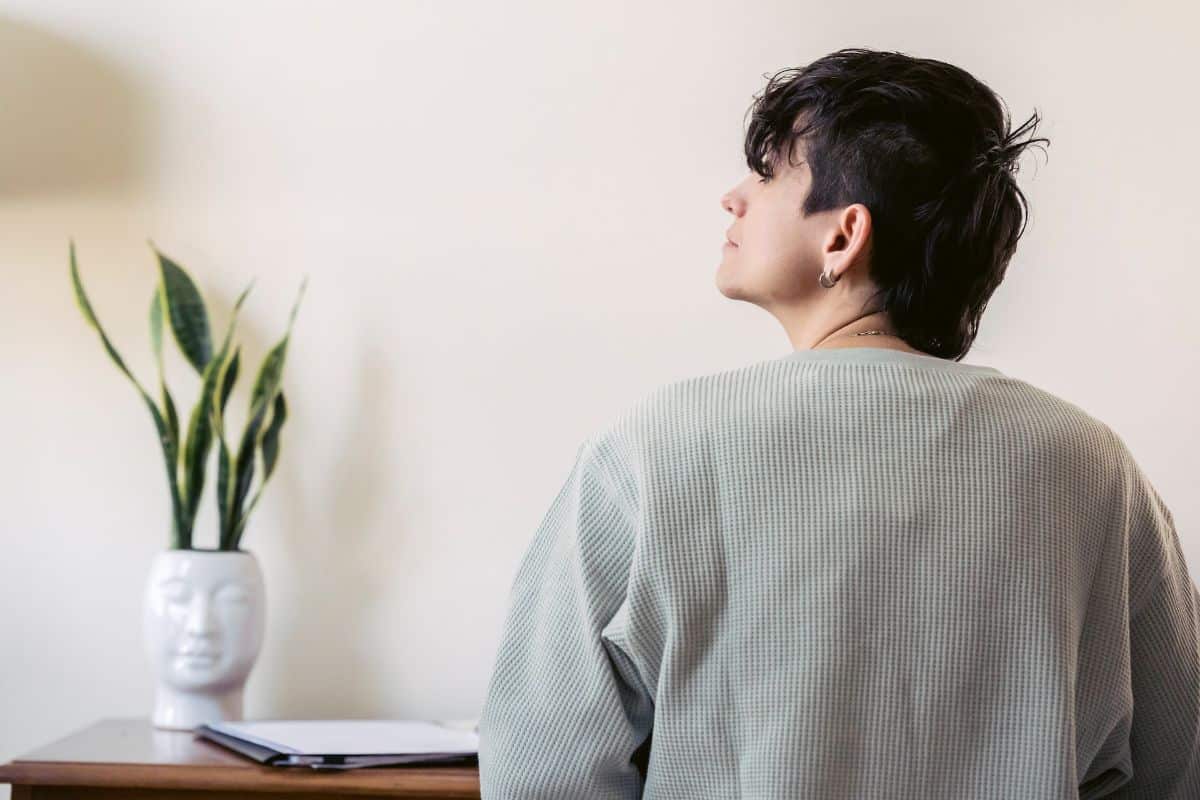 person considering a houseplant